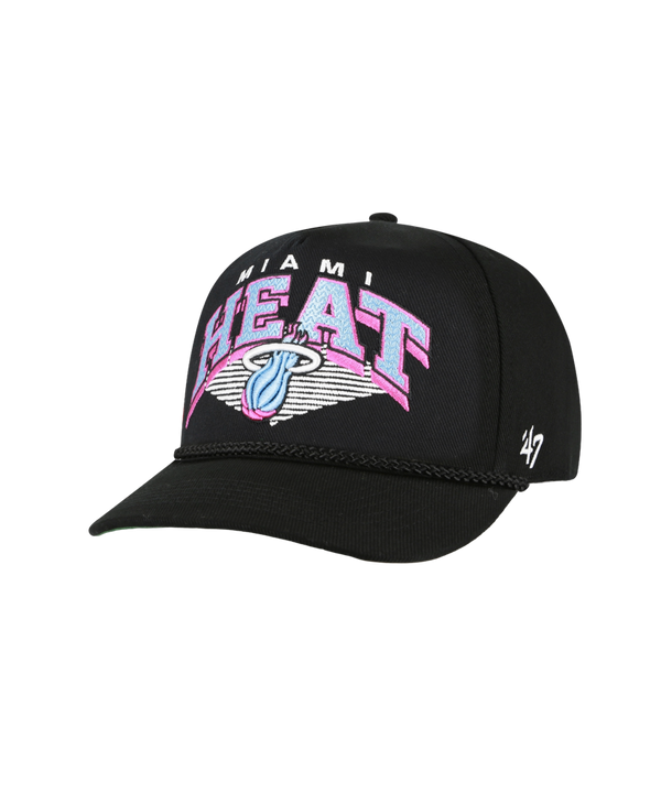 The '47 Brand Miami HEAT Original Vice Nights Hitch Snapback is a black cotton hat with bold pink and white team lettering, front logo, number 47 on the side, and an adjustable fit. One size fits most; spot clean for easy care.