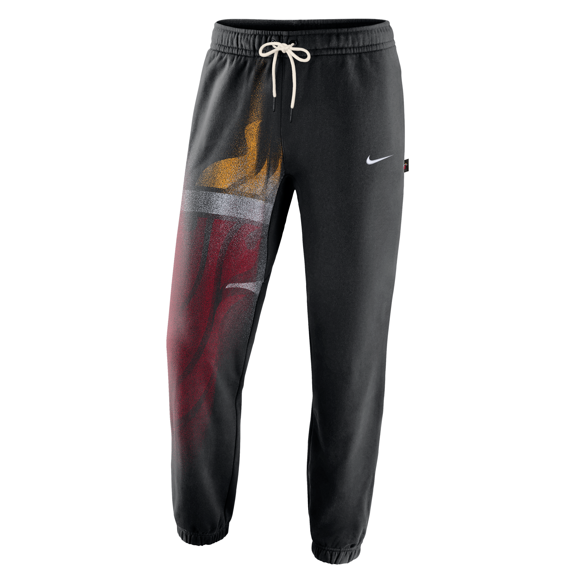 The Nike Miami HEAT Standard Issue Oversized Logo Fleece Pants feature a black design with a white drawstring and an elastic waistband. These pants showcase a large, colorful Miami HEAT basketball team logo on the left leg and a small white Nike Swoosh on the right thigh. Designed by Nike for a loose fit, they combine comfort and style for everyday wear.
