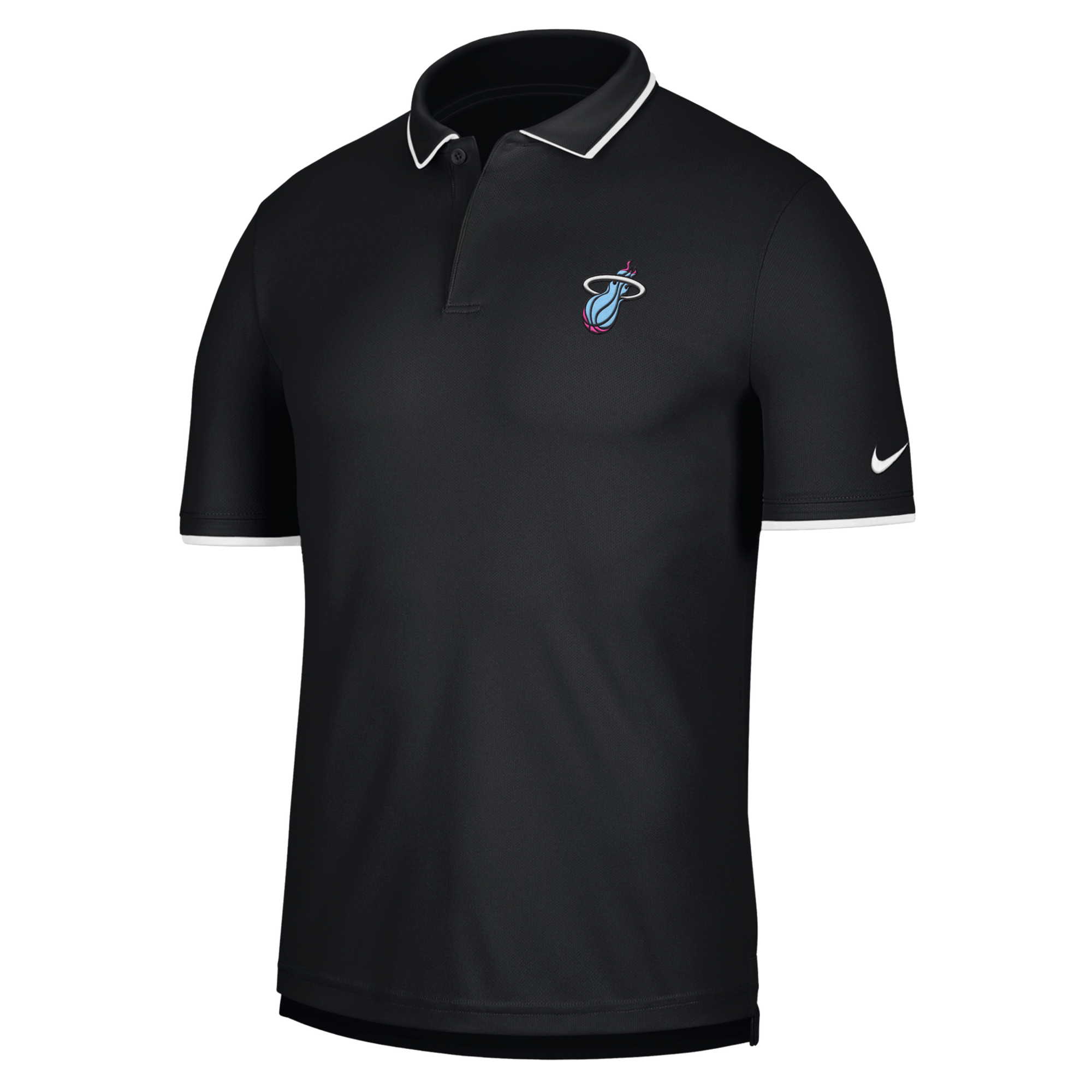 The Nike Miami HEAT Original Vice Nights Logo Polo is a black, short-sleeve, standard fit shirt with a white-trimmed collar, Miami Heat logo on the chest, white Nike swoosh on the sleeve. Made of 100% polyester. Size L available.