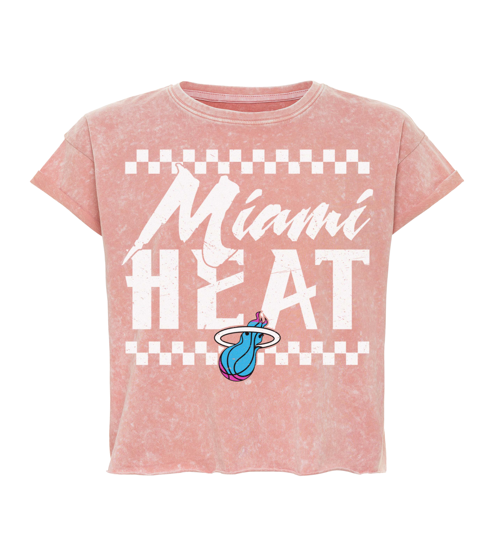 Coral Miami HEAT women's tee with white retro lettering and logo, short sleeves, relaxed fit. - Sportiqe Miami HEAT Original Vice Coral Women's Tee