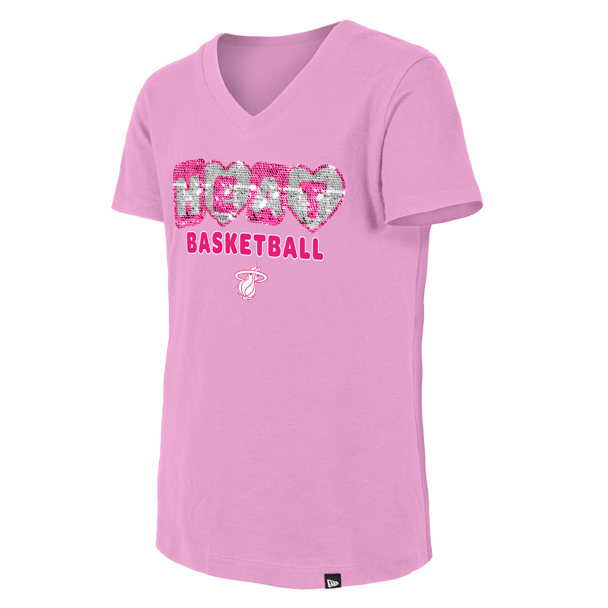 The New Era Miami HEAT Pink Basketball Girls V-Neck Tee is a 100% cotton, standard-fit shirt with 