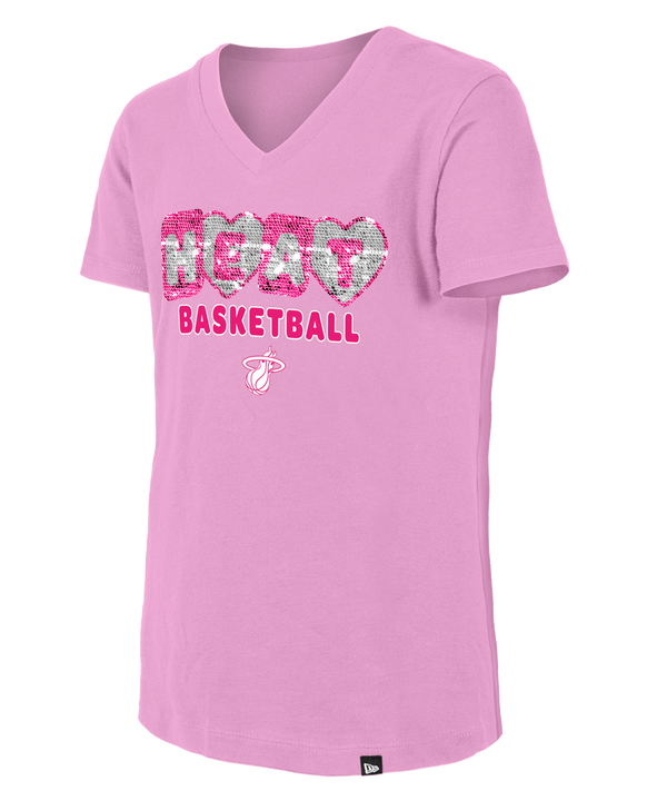 The New Era Miami HEAT Pink Basketball Girls V-Neck Tee is a 100% cotton, standard-fit shirt with 