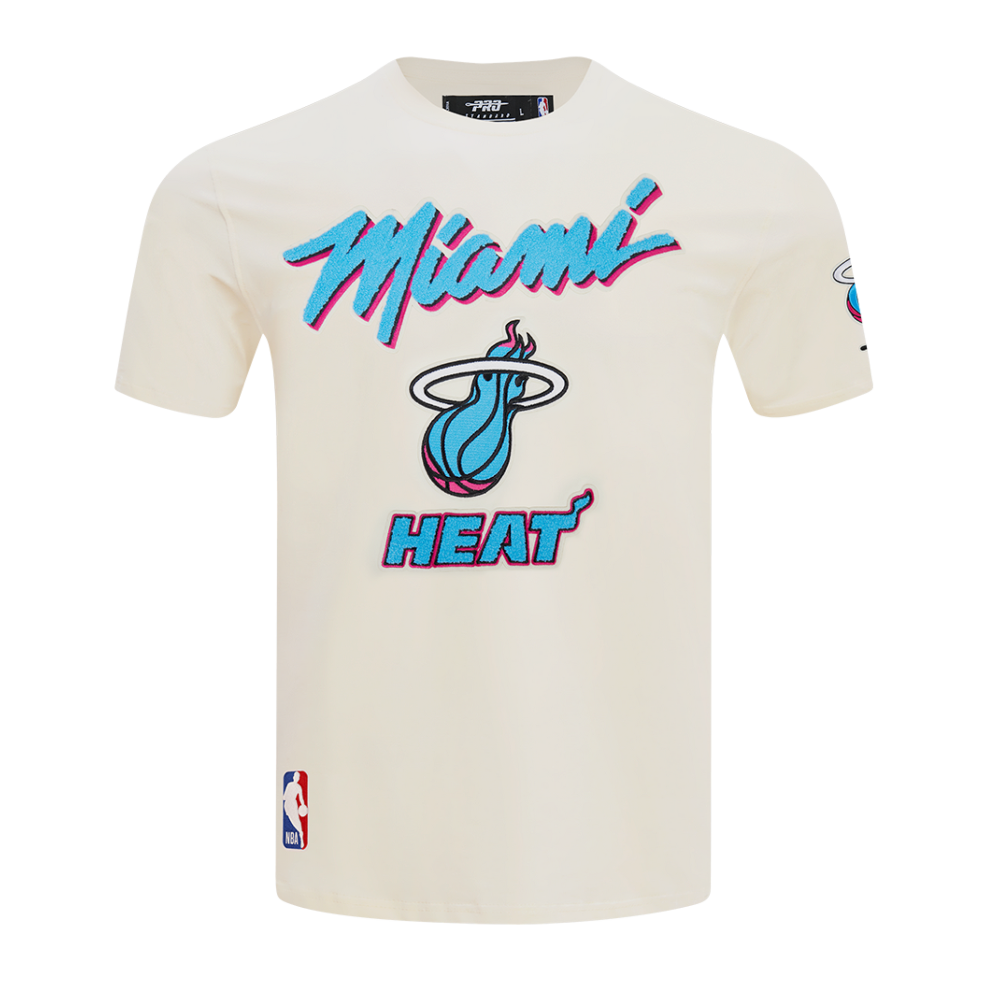 The Pro Standard Miami HEAT Original Vice Nights Logo Tee is a white, standard-fit T-shirt featuring the HEAT logo and name in bold blue and pink on the front, an NBA patch near the hem, and is made from soft cotton spandex that's machine washable.