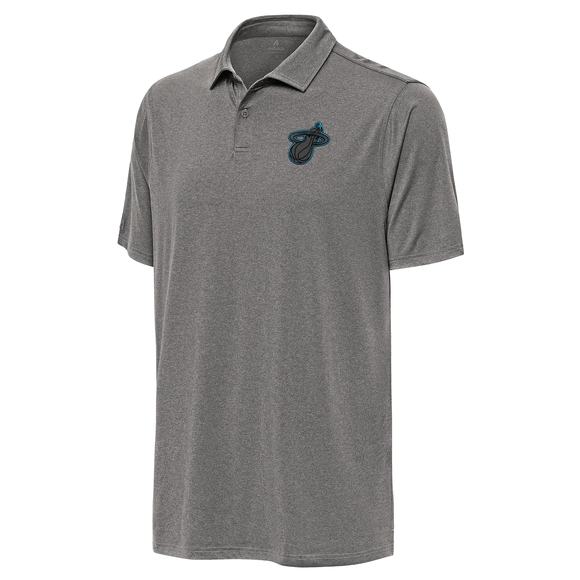 The Antigua Miami HEAT Original Vice Nights Polo by Antigua is a standard fit, short-sleeve gray polo with collar and buttons, featuring a black and blue Miami Heat logo on the left chest. Made from polyester with spandex, shown on a plain white background.