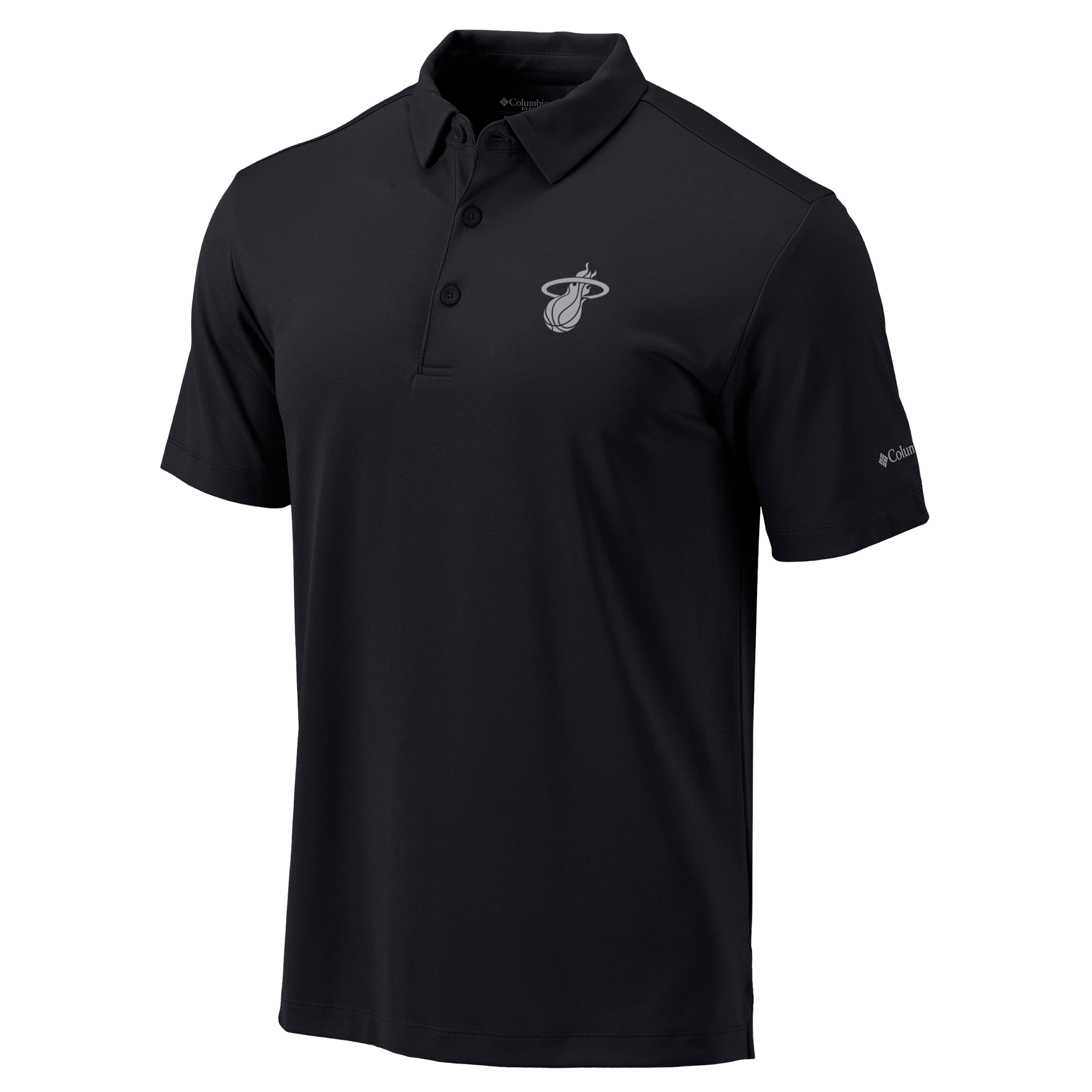 The Columbia Miami HEAT Original Vice Nights Tonal Polo by Columbia Outdoor is a black, standard fit, short-sleeve polyester shirt featuring a Miami Heat chest logo and Columbia logo on the sleeve. Machine wash cold. Displayed on a white background.