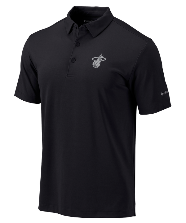 The Columbia Miami HEAT Original Vice Nights Tonal Polo by Columbia Outdoor is a black, standard fit, short-sleeve polyester shirt featuring a Miami Heat chest logo and Columbia logo on the sleeve. Machine wash cold. Displayed on a white background.