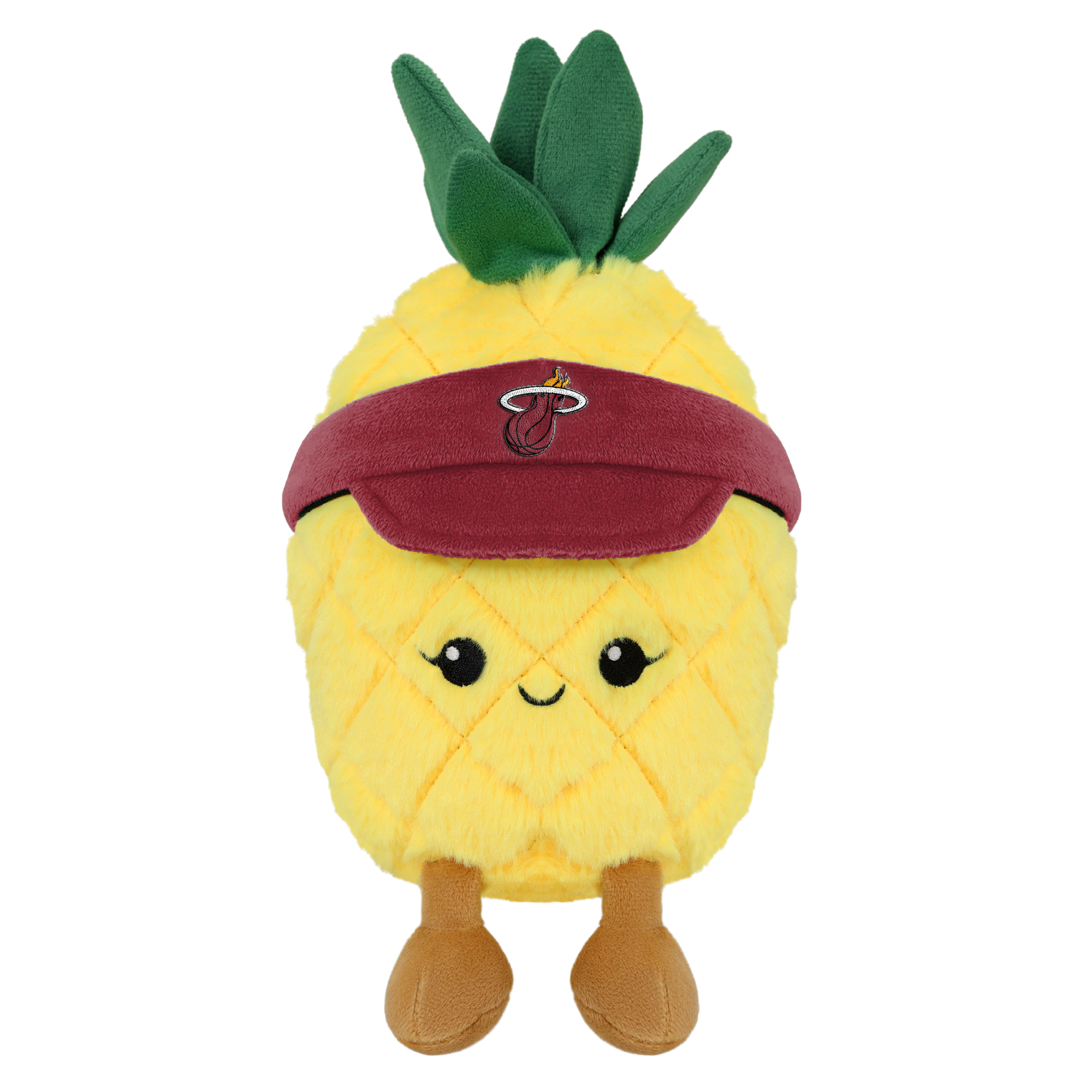 The Miami HEAT Pineapple Plushie by Forever Collectibles features a smiling face, brown legs, and a dark red visor with a flaming basketball logo. Filled with soft polyester fiber, it has green leaves and is surface washable.