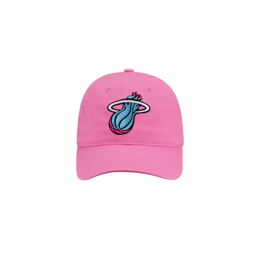 The Miami HEAT Original Vice Nights Pink Dad Hat by Item Of The Game is a bright pink 100% cotton cap with a blue and black Heat logo featuring stylized flames, shown on a white background. Spot clean for best care.