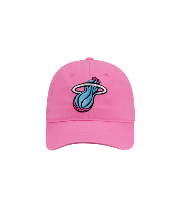 The Miami HEAT Original Vice Nights Pink Dad Hat by Item Of The Game is a bright pink 100% cotton cap with a blue and black Heat logo featuring stylized flames, shown on a white background. Spot clean for best care.