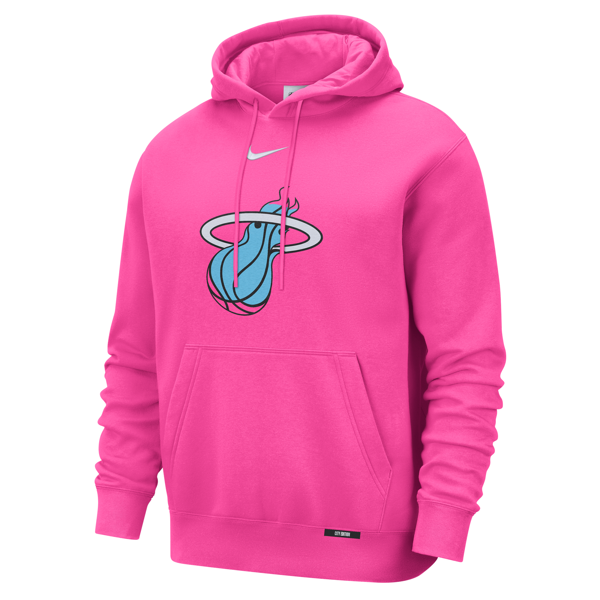 The Nike Miami HEAT Original Vice Nights Pink Hoodie features the team's blue-and-white flaming ball logo, a white Nike logo, standard fit, front kangaroo pocket, and is machine washable.