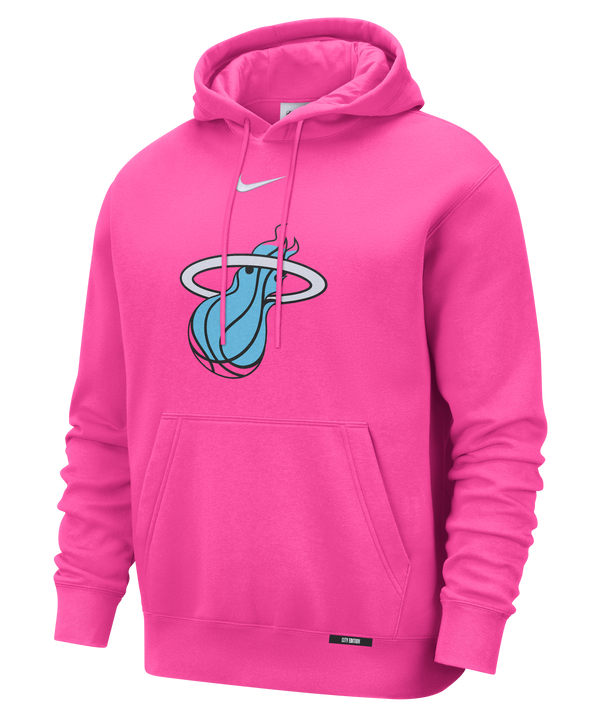 The Nike Miami HEAT Original Vice Nights Pink Hoodie features the team's blue-and-white flaming ball logo, a white Nike logo, standard fit, front kangaroo pocket, and is machine washable.
