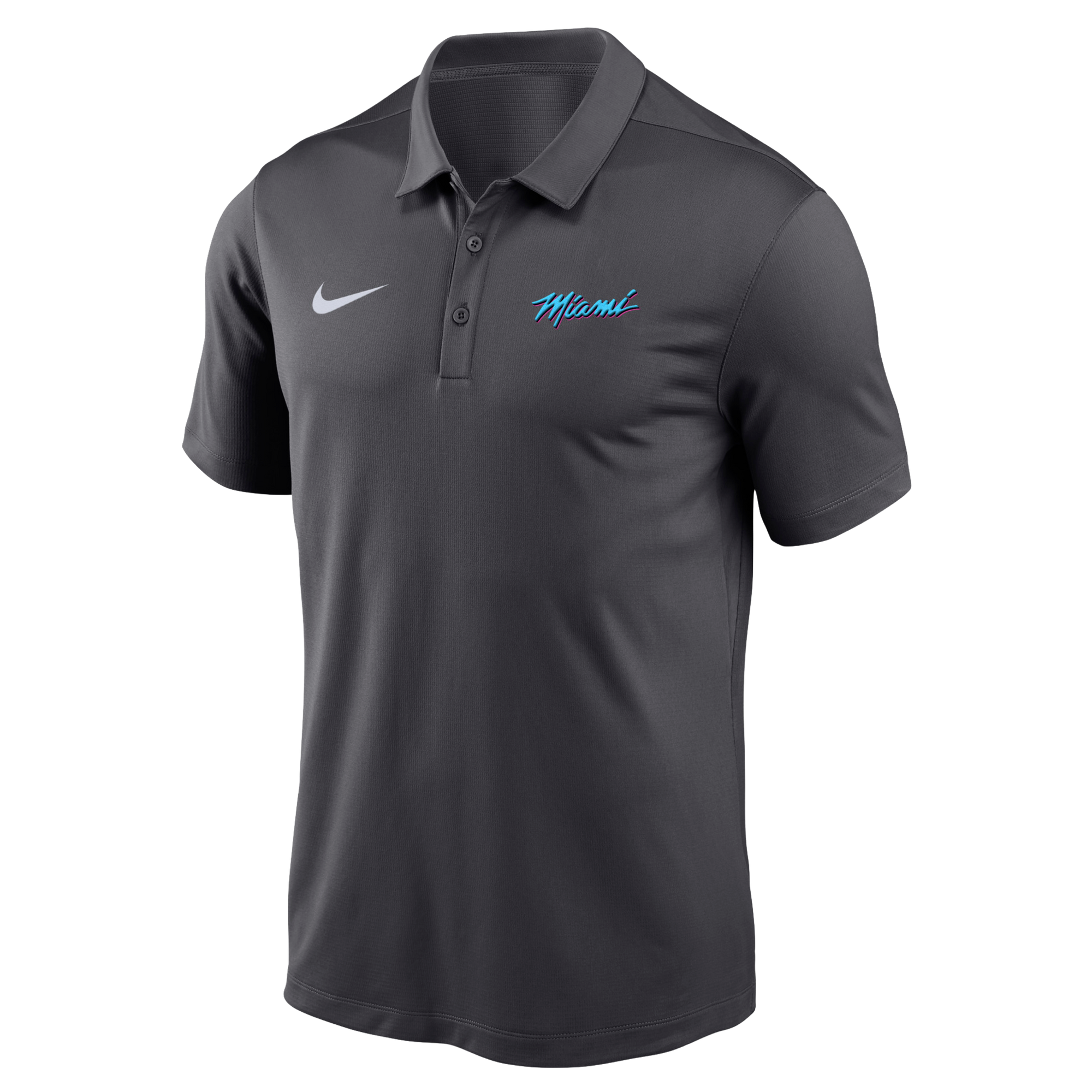 The Nike Miami HEAT Original Vice Nights Polo is a dark gray, short-sleeve polyester shirt with a collar, white Nike logo on the right chest, “Miami” in blue script on the left, three-button placket, standard fit. Wash with like colors.