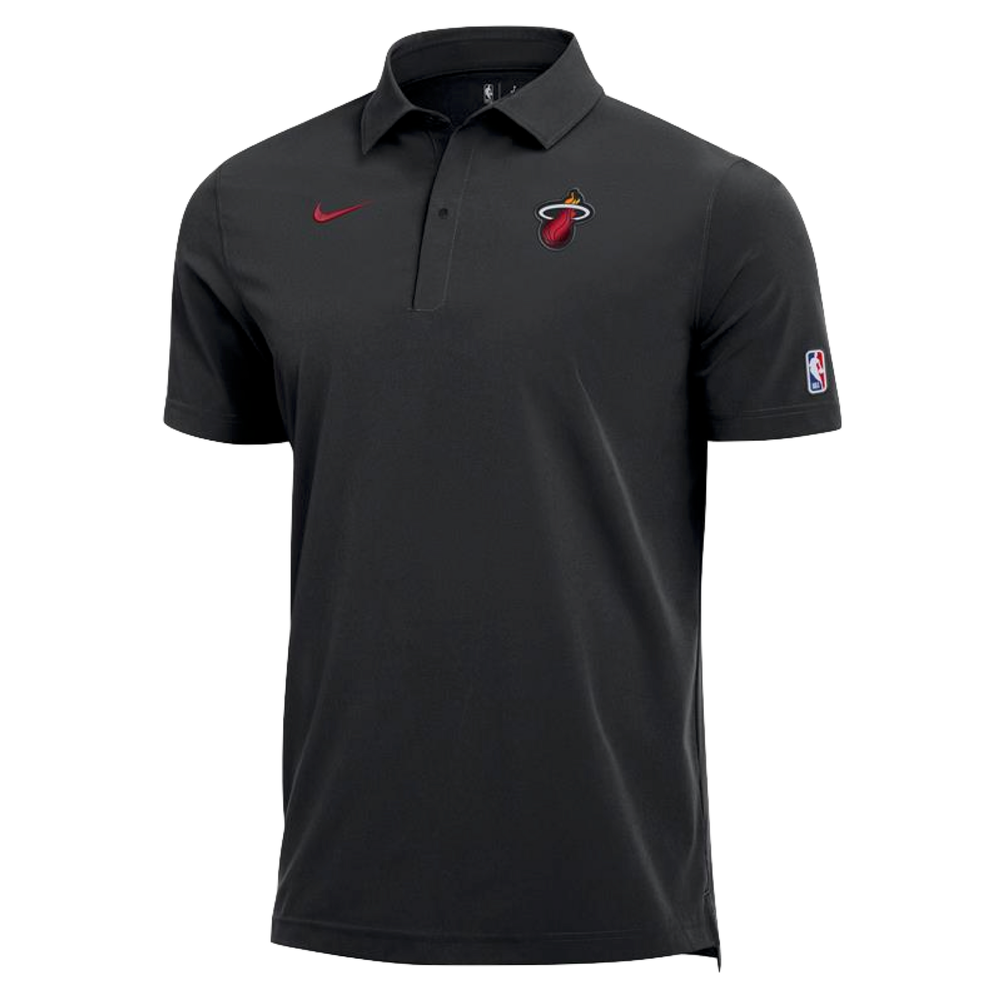 The Nike Miami HEAT Coaches Polo is a black, polyester short-sleeve shirt featuring the Miami Heat logo on the left chest, a red Nike logo on the right chest, and an NBA logo patch on the left sleeve.