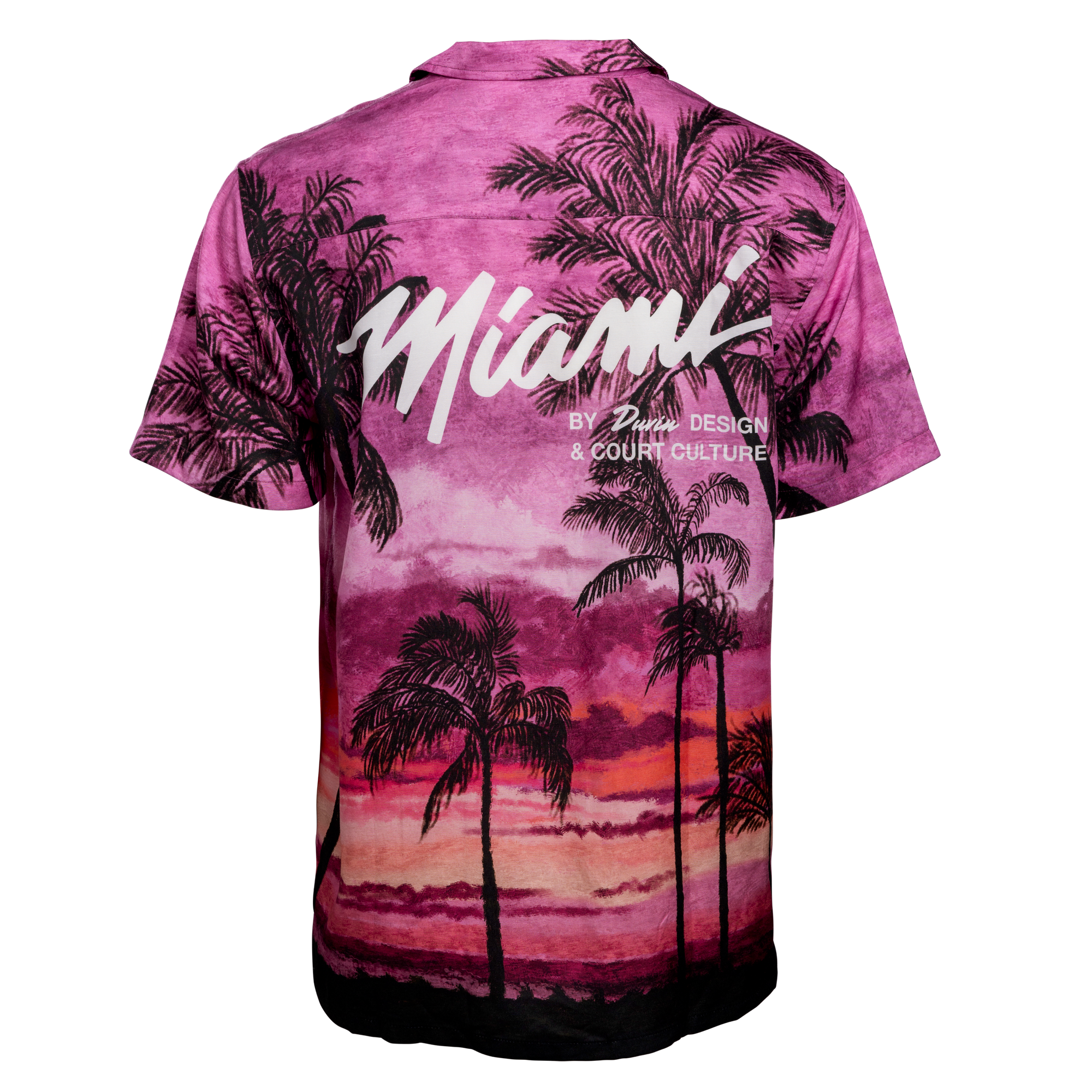 The Court Culture x Duvin Sunset Button-Up is a short-sleeve shirt with a pink and purple sunset, palm trees, and “Miami” in bold white script on the back. Inspired by Vice Nights and part of the official NBA Collection by Court Culture.