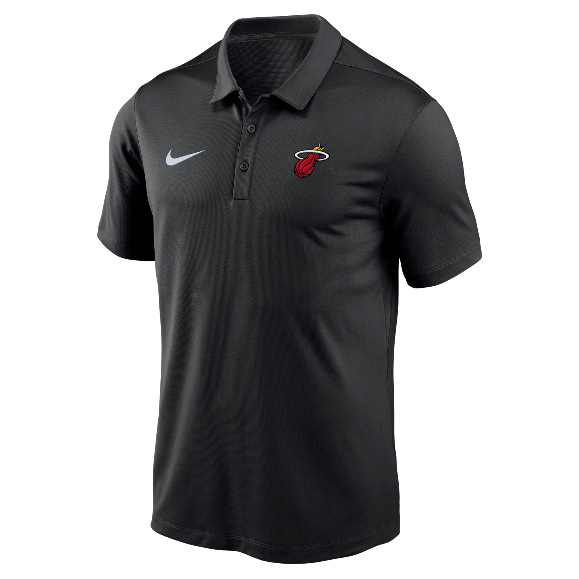 The Nike Miami HEAT Logo Victory Polo is a black, standard-fit polyester shirt featuring the Miami Heat logo on the left chest and a white Nike swoosh on the right. Wash with like colors. Brand: Nike.