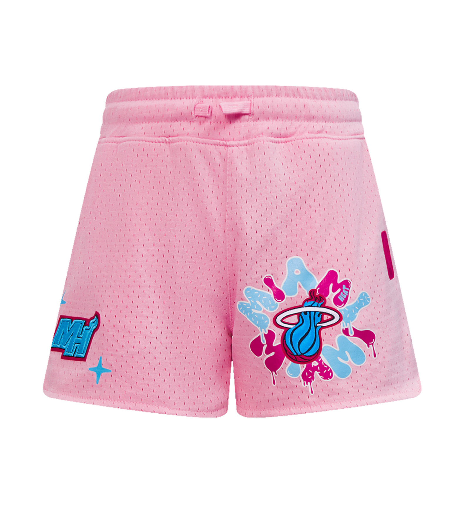 The Pro Standard Miami HEAT Original Vice Nights Girls Graffiti Shorts feature pink polyester mesh, a blue Heat logo with pink splatter on the right leg, a blue and pink comic graphic on the left leg, relaxed fit, and are easy to machine wash.