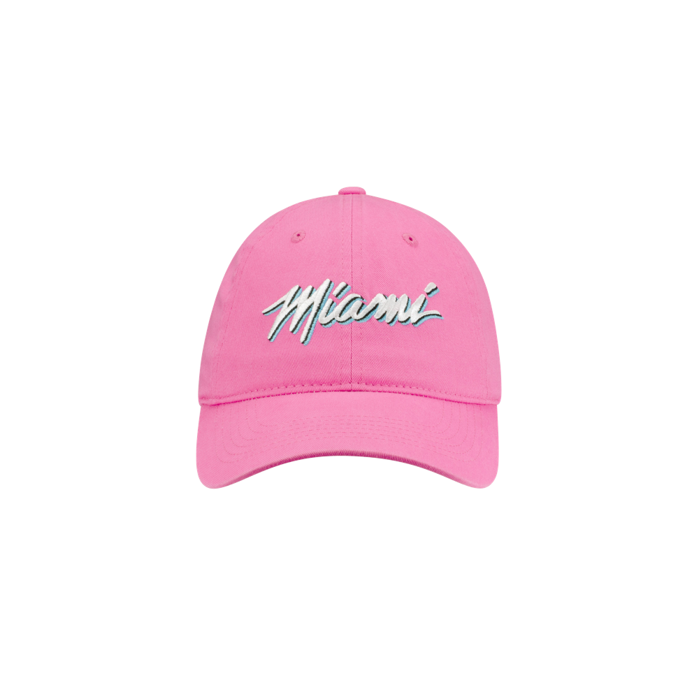 The Miami HEAT Original Vice Nights Pink Wordmark Hat by Item Of The Game features Miami embroidered in white and teal script. One size fits most. Spot clean only. Shown on a plain white background.