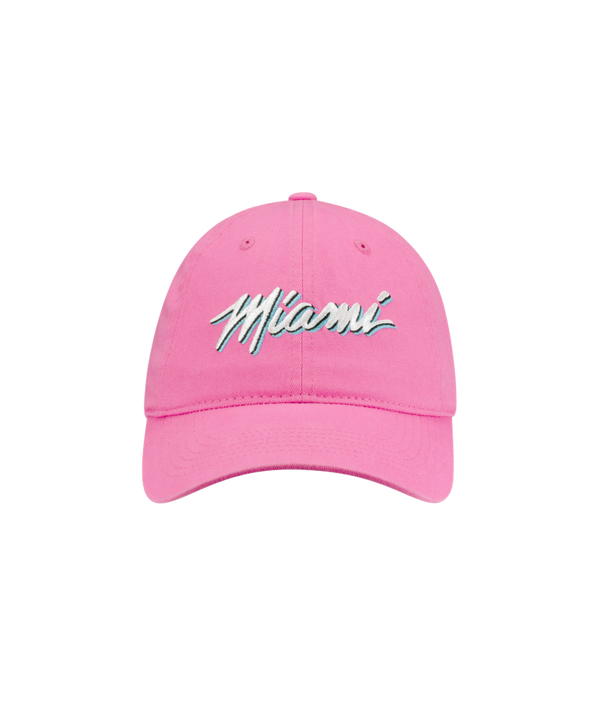 The Miami HEAT Original Vice Nights Pink Wordmark Hat by Item Of The Game features Miami embroidered in white and teal script. One size fits most. Spot clean only. Shown on a plain white background.