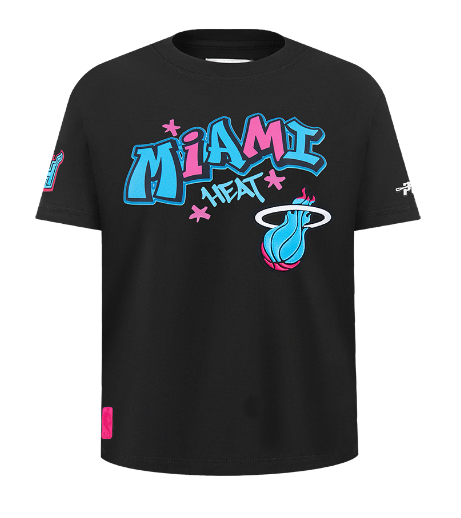 The Pro Standard Miami HEAT Original Vice Nights Graffiti Youth Tee features bold blue and pink Miami Heat graphics, a flaming basketball logo, sleeve details, and a pink hem tag. Made from cotton in a relaxed fit—machine washable for easy care.