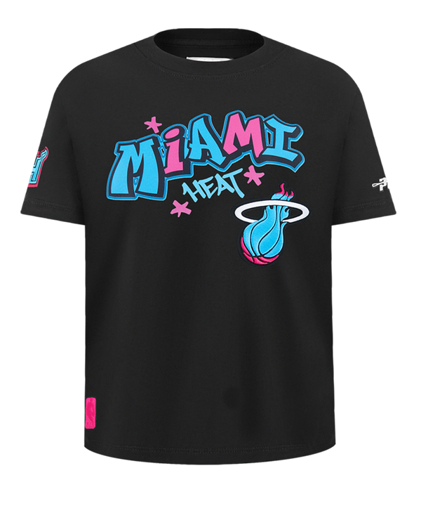 The Pro Standard Miami HEAT Original Vice Nights Graffiti Youth Tee features bold blue and pink Miami Heat graphics, a flaming basketball logo, sleeve details, and a pink hem tag. Made from cotton in a relaxed fit—machine washable for easy care.