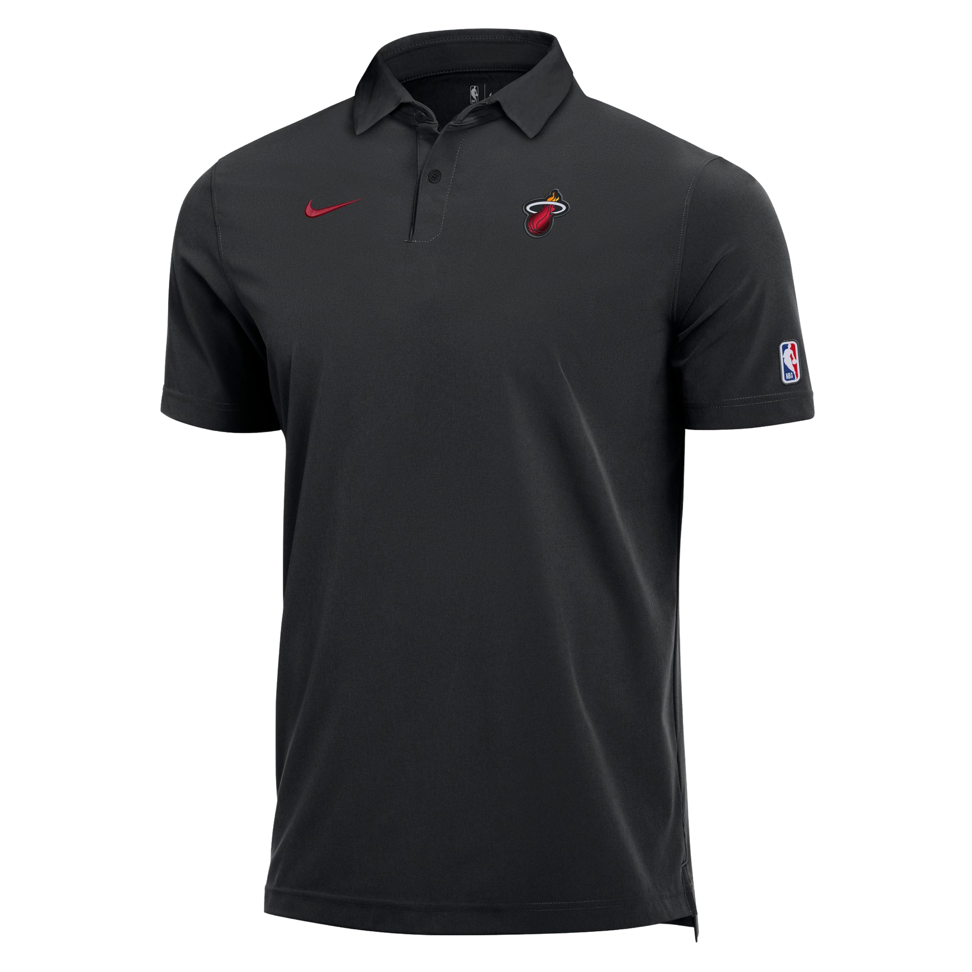 The Nike Miami HEAT Staff Polo features the Miami Heat logo on the left chest, a red Nike Swoosh on the right chest, and the NBA logo on the right sleeve. Crafted from a comfortable polyester-spandex blend with Dri-FIT technology for advanced moisture management, this standard-fit polo is shown on a plain white background.