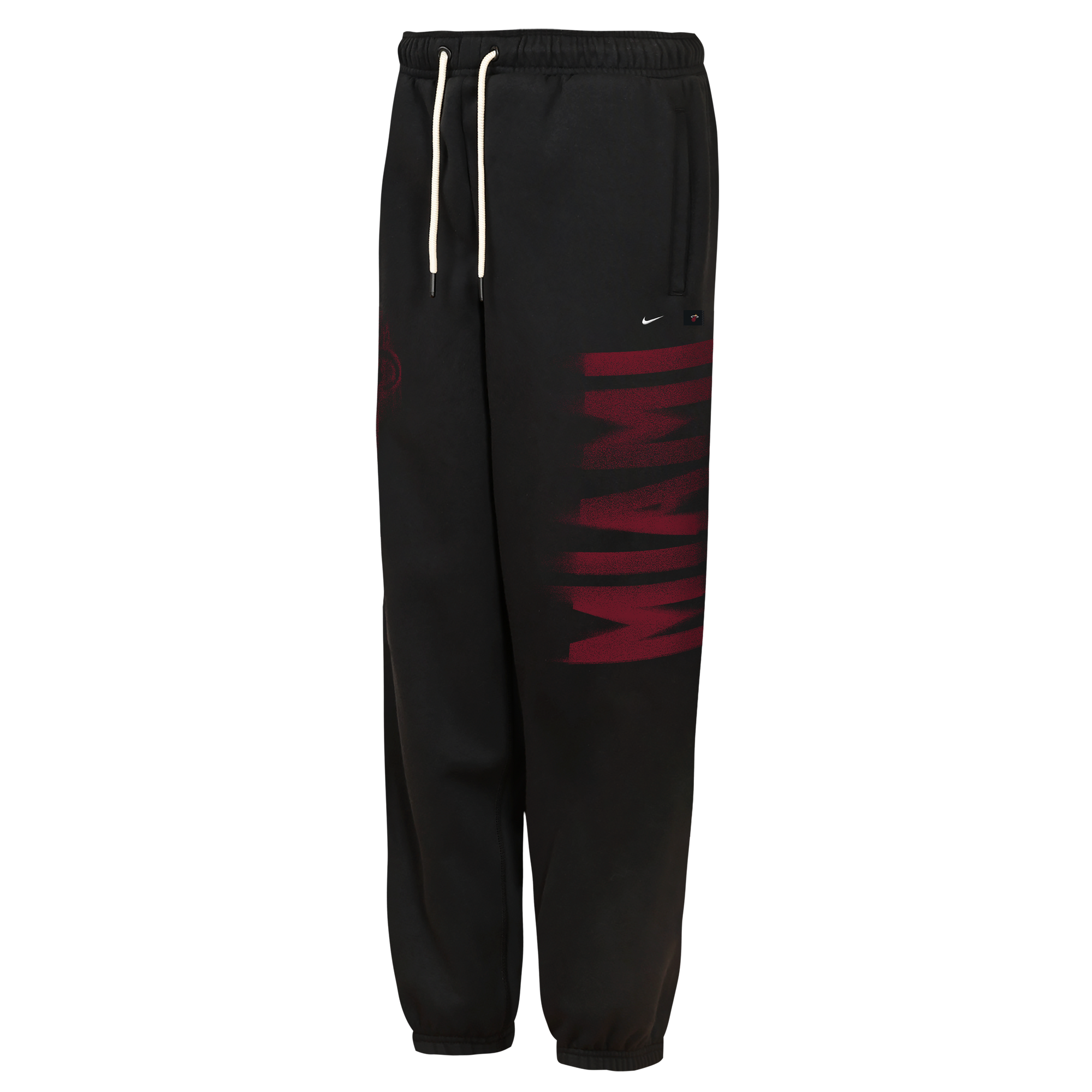 Nike Miami HEAT Wordmark Youth Fleece Pants: standard fit black fleece sweatpants with a drawstring waist and the word MIAMI printed vertically in dark red on the left leg; wash inside out.