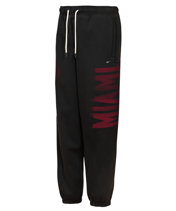 Nike Miami HEAT Wordmark Youth Fleece Pants: standard fit black fleece sweatpants with a drawstring waist and the word MIAMI printed vertically in dark red on the left leg; wash inside out.