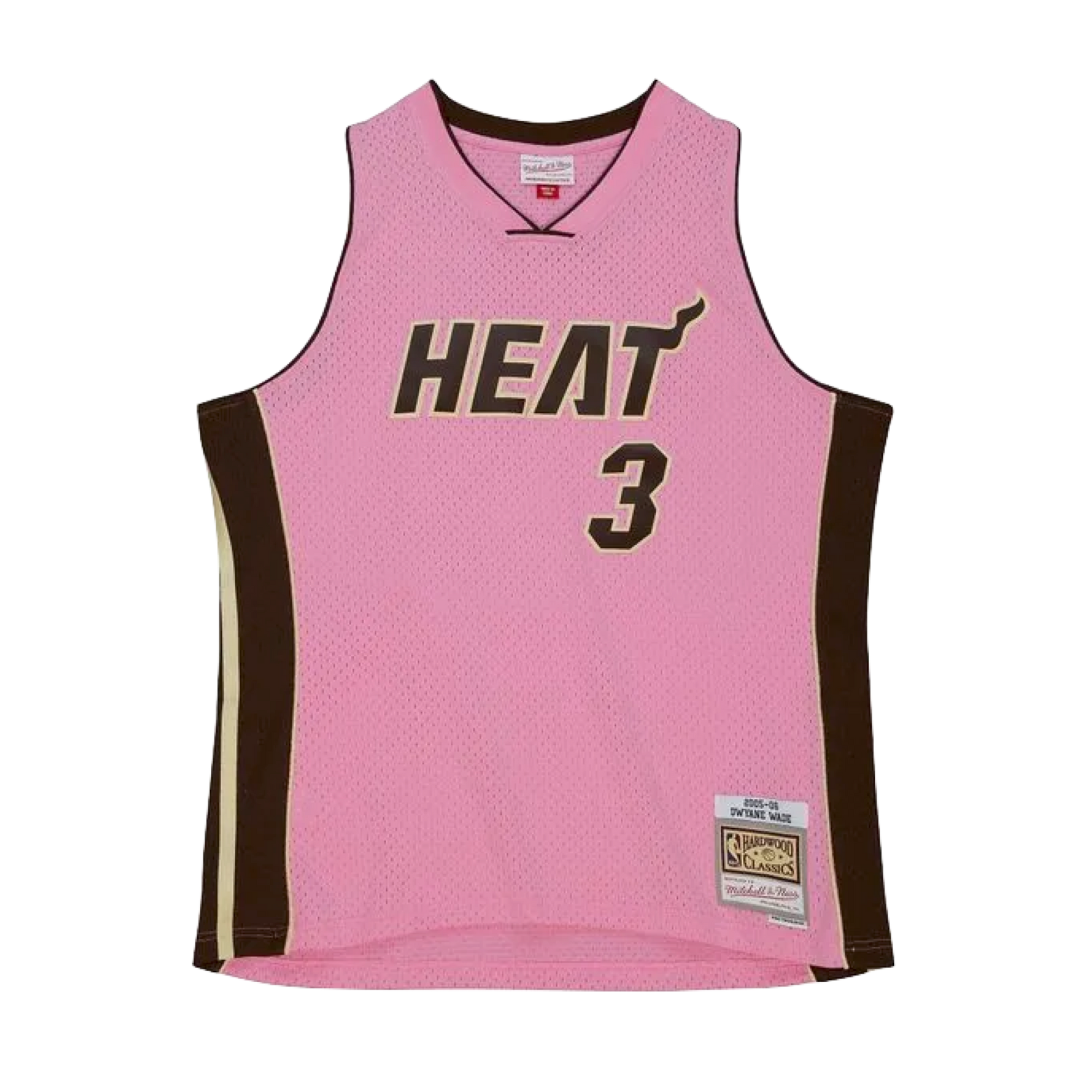 Pink Miami HEAT swingman jersey with number 3 and black side panels, Mitchell & Ness tag. - Dwyane Wade Mitchell & Ness Miami HEAT 2005-06 Pink Bacon Jersey