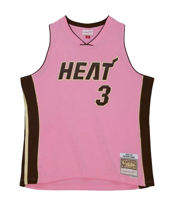 Pink Miami HEAT swingman jersey with number 3 and black side panels, Mitchell & Ness tag. - Dwyane Wade Mitchell & Ness Miami HEAT 2005-06 Pink Bacon Jersey