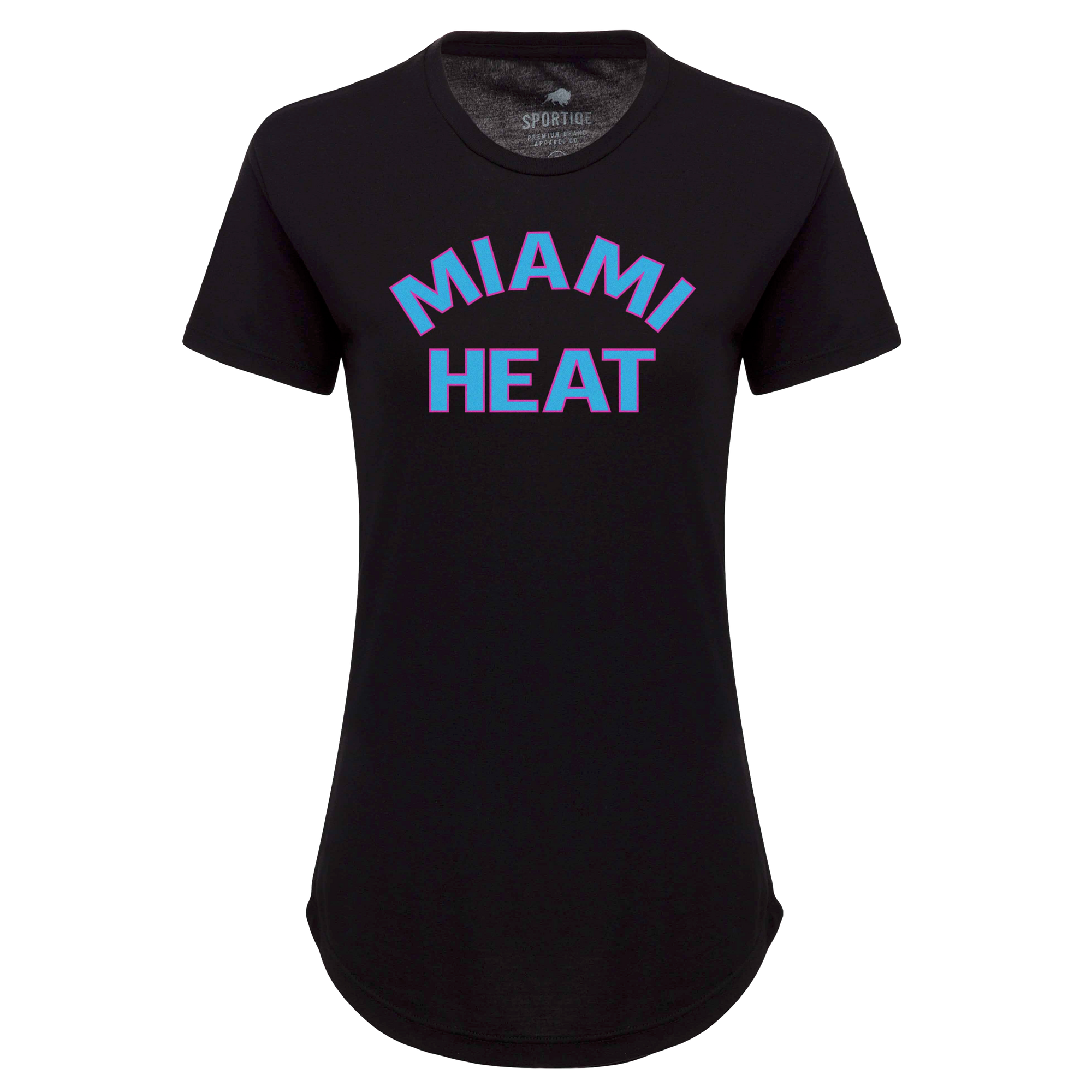 The Sportiqe Miami HEAT Original Vice Nights Phoebe Women's Tee is a black short-sleeve T-shirt made from soft polyester cotton, featuring bold blue and pink MIAMI HEAT lettering across the chest.