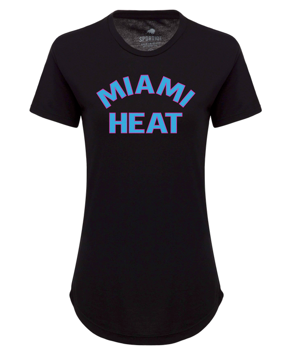 The Sportiqe Miami HEAT Original Vice Nights Phoebe Women's Tee is a black short-sleeve T-shirt made from soft polyester cotton, featuring bold blue and pink MIAMI HEAT lettering across the chest.