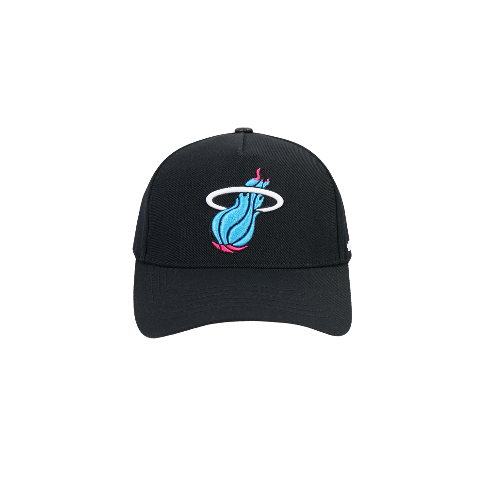 The Pro Standard Miami HEAT Original Vice Nights Snapback by Pro Standard is a black wool-acrylic hat with a blue, pink, and white Heat logo on the front, one size fits most, leather button detail. Shown on a plain white background.