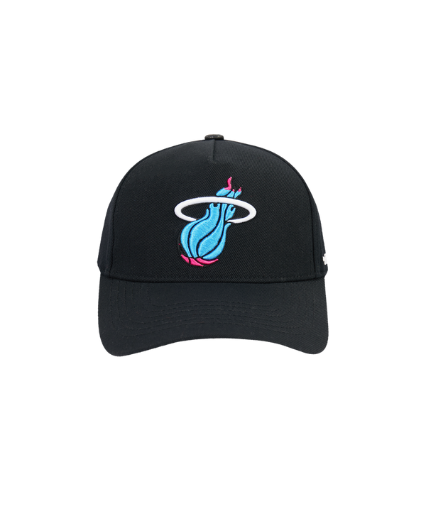 The Pro Standard Miami HEAT Original Vice Nights Snapback by Pro Standard is a black wool-acrylic hat with a blue, pink, and white Heat logo on the front, one size fits most, leather button detail. Shown on a plain white background.
