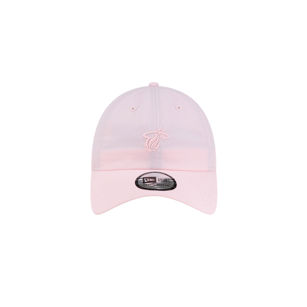 Light pink Court Culture x New Era Breast Cancer Awareness Dad Hat featuring an embroidered Miami Heat logo on the front crown and a black sticker on the brim.