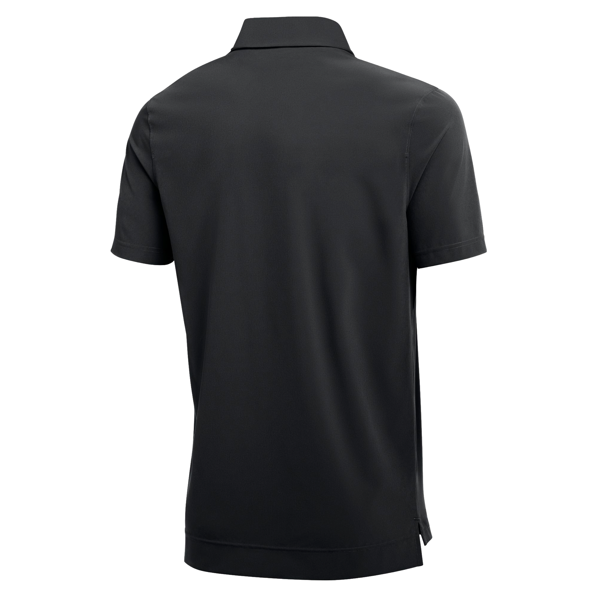Back view of the Nike Miami HEAT Staff Polo, a plain black short-sleeve polo shirt with a collar, crafted by Nike from a comfortable polyester spandex blend in a standard fit, shown against a white background.
