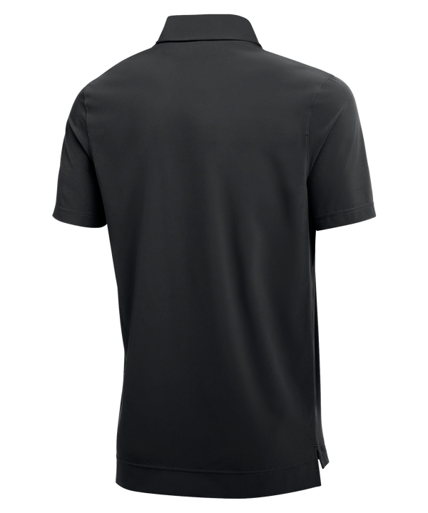 The Nike Miami HEAT Staff Polo features the Miami Heat logo on the left chest, a red Nike Swoosh on the right chest, and the NBA logo on the right sleeve. Crafted from a comfortable polyester-spandex blend with Dri-FIT technology for advanced moisture management, this standard-fit polo is shown on a plain white background.
