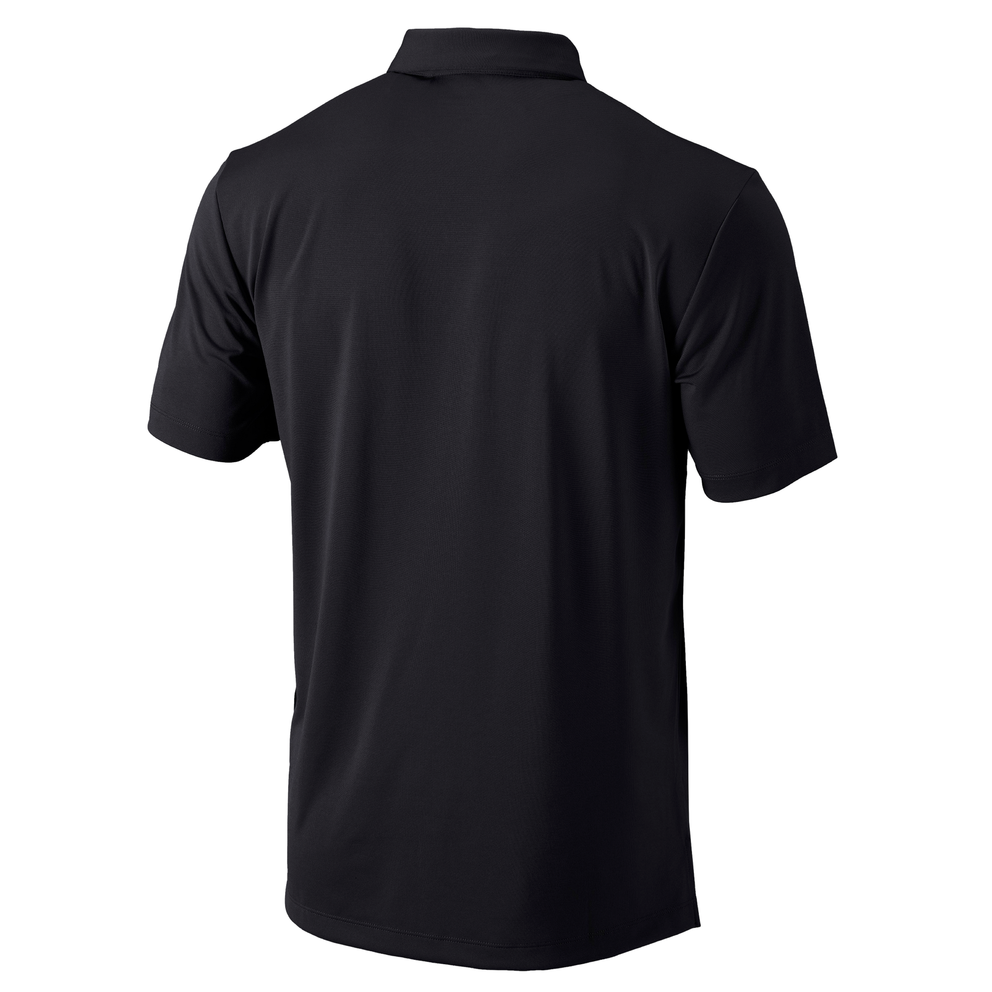 The Columbia Outdoor Miami HEAT Original Vice Nights Tonal Polo features a plain black, short-sleeve design in a standard fit, shown from the back on a white background. Made of soft polyester and easy to care for with machine wash cold.