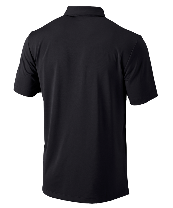 The Columbia Miami HEAT Original Vice Nights Tonal Polo by Columbia Outdoor is a black, standard fit, short-sleeve polyester shirt featuring a Miami Heat chest logo and Columbia logo on the sleeve. Machine wash cold. Displayed on a white background.