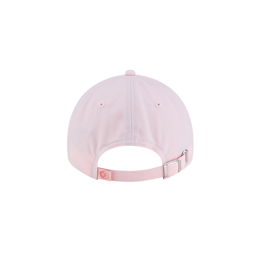 Back view of a light pink polyester Court Culture x New Era Breast Cancer Awareness Dad Hat featuring a one-size-fits-most adjustable silver metal buckle strap.