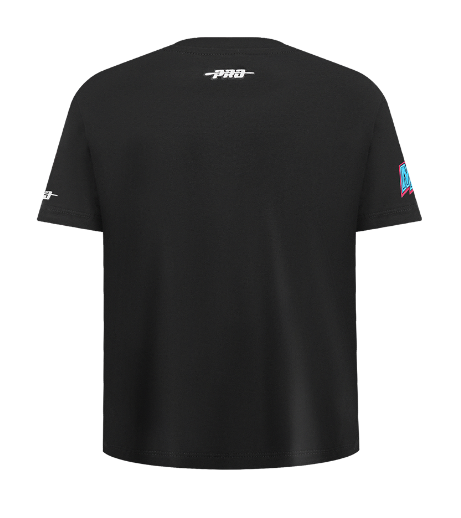Back view of the Pro Standard Miami HEAT Original Vice Nights Graffiti Youth Tee in black cotton, featuring a small white PRO logo on the upper back, white emblem on right sleeve, blue and red patch on left sleeve. Machine washable for easy care.