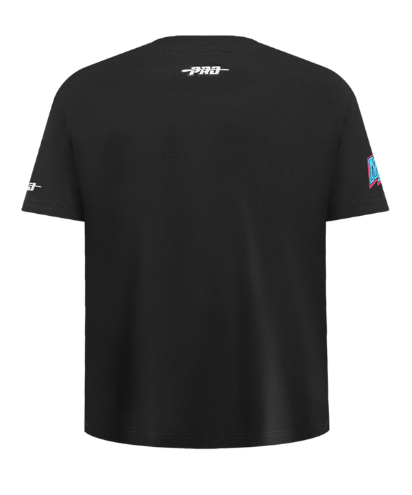 The Pro Standard Miami HEAT Original Vice Nights Graffiti Youth Tee features bold blue and pink Miami Heat graphics, a flaming basketball logo, sleeve details, and a pink hem tag. Made from cotton in a relaxed fit—machine washable for easy care.