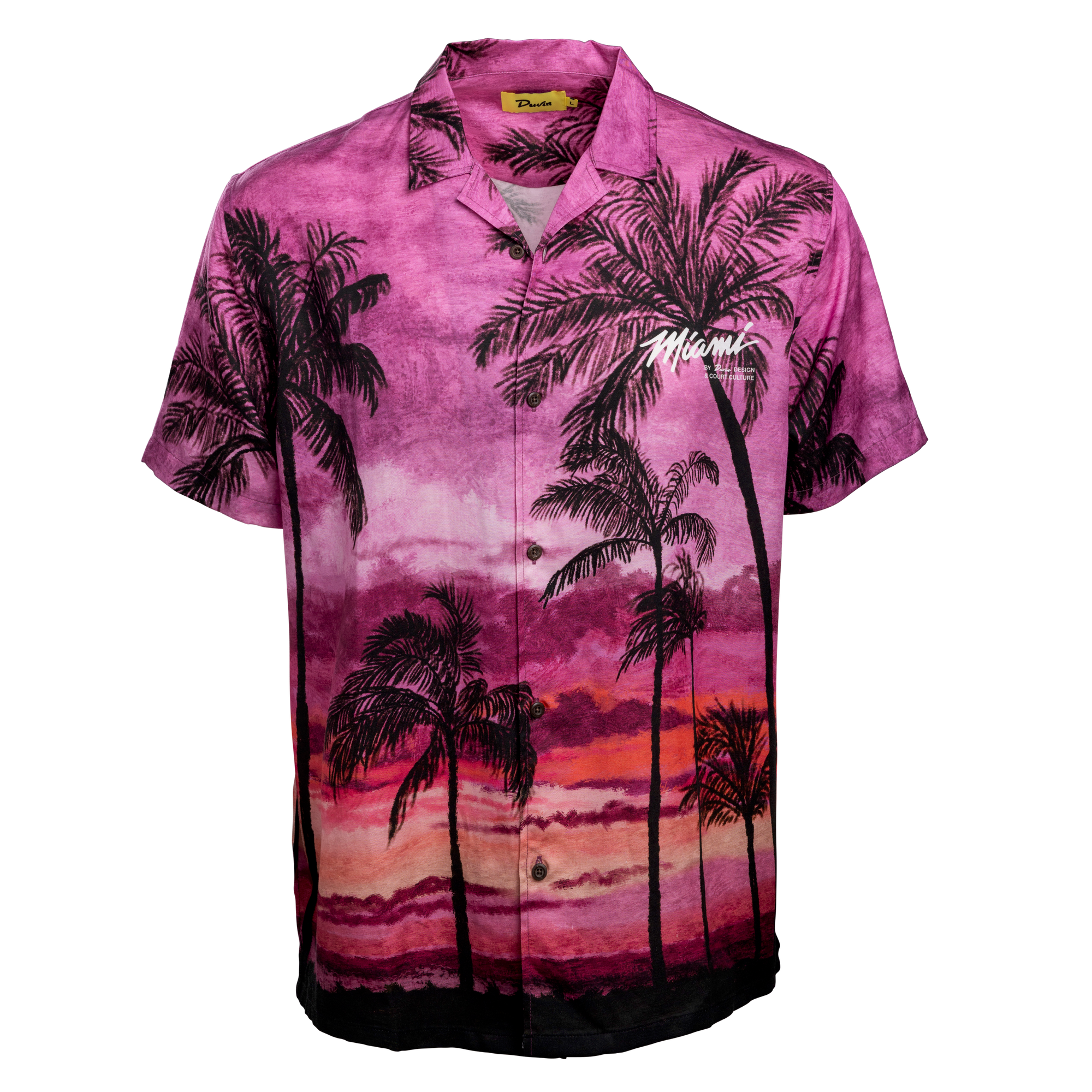 The Court Culture x Duvin Sunset Button-Up features a purple and pink sunset, black palm trees, and 