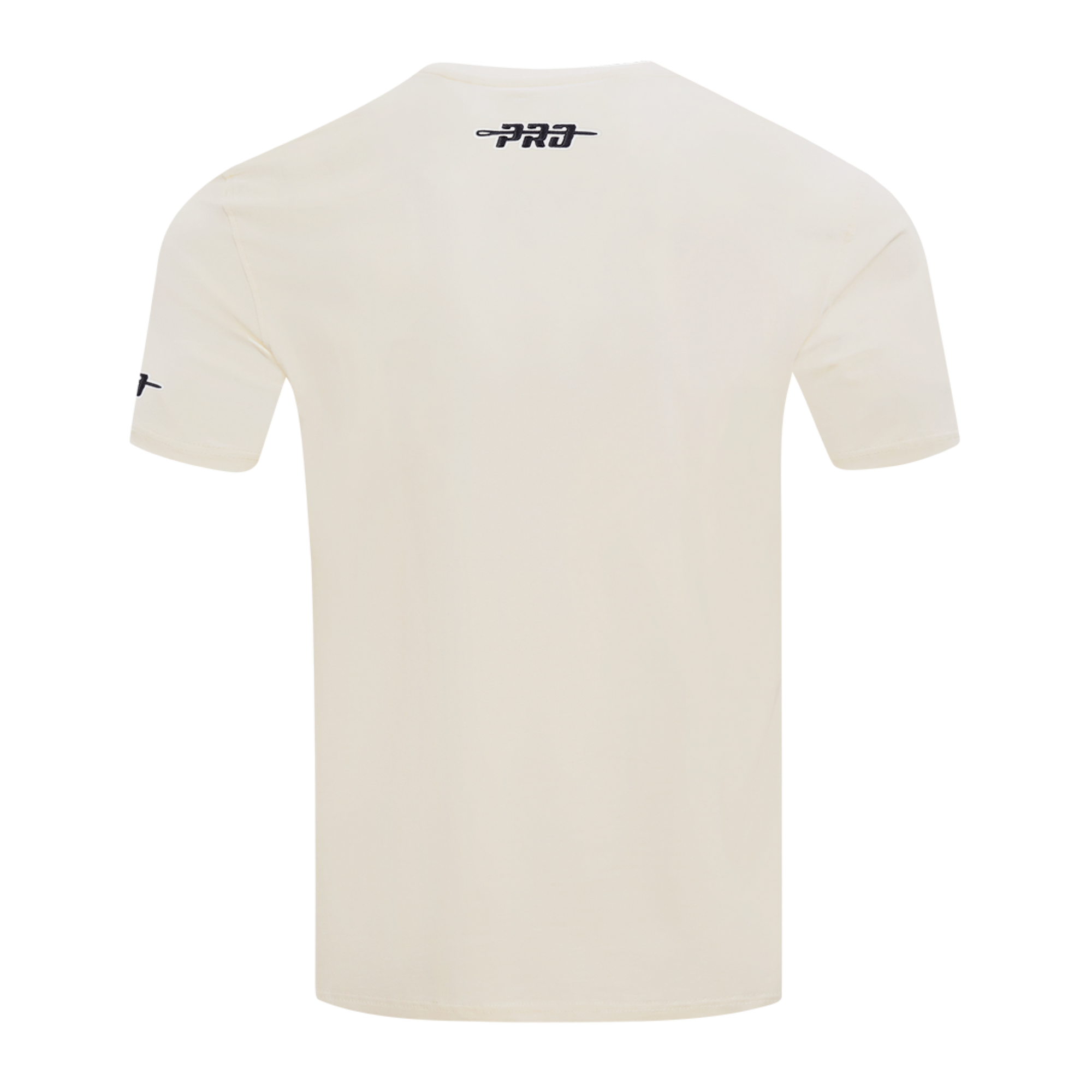 Back view of the Pro Standard Miami HEAT Original Vice Nights Logo Tee by Pro Standard, a soft cotton, off-white short-sleeve t-shirt with a standard fit. Features a small black graphic and text near the neck and a black logo on the left sleeve.
