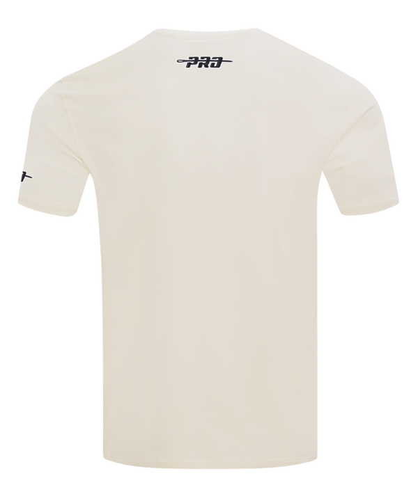 The Pro Standard Miami HEAT Original Vice Nights Logo Tee is a white, standard-fit T-shirt featuring the HEAT logo and name in bold blue and pink on the front, an NBA patch near the hem, and is made from soft cotton spandex that's machine washable.