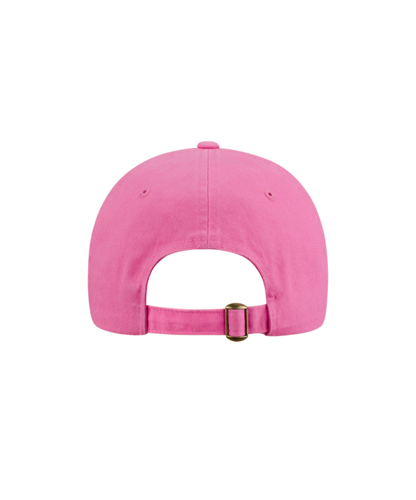 The Miami HEAT Original Vice Nights Pink Dad Hat by Item Of The Game is a bright pink 100% cotton cap with a blue and black Heat logo featuring stylized flames, shown on a white background. Spot clean for best care.