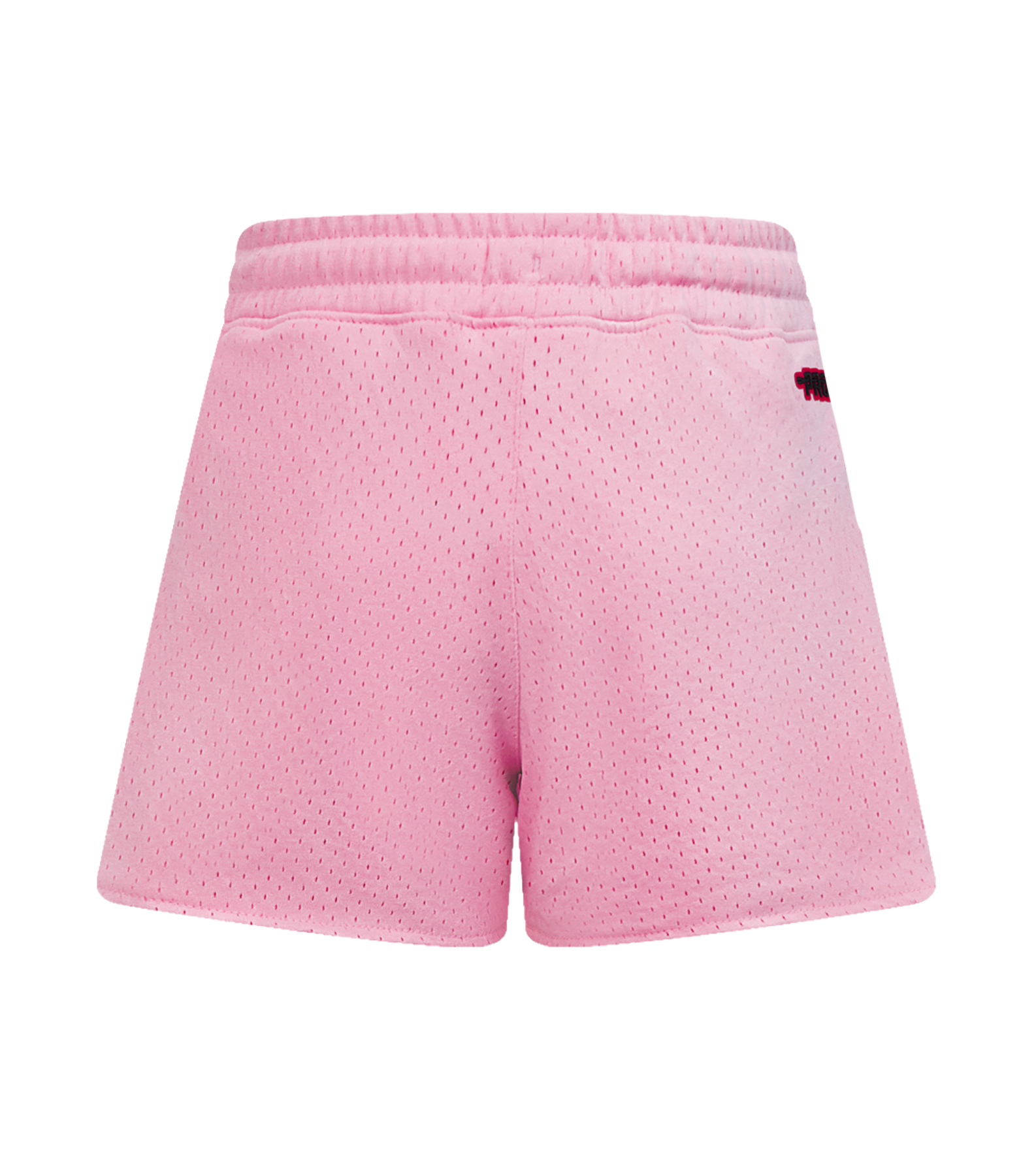 Back view of Pro Standard Miami HEAT Original Vice Nights Girls Graffiti Shorts by Pro Standard in light pink perforated polyester mesh, featuring a relaxed fit, elastic waistband, and small embroidered logo near the right hip on a plain white background.