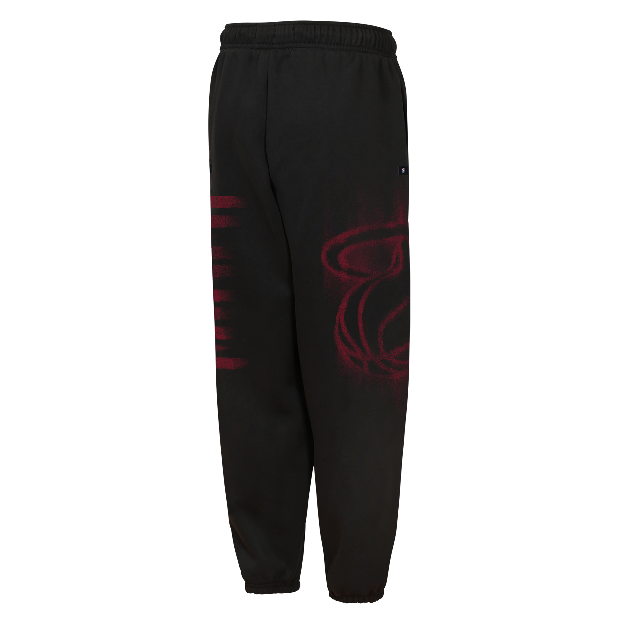 Nike Miami HEAT Wordmark Youth Fleece Pants in black with red airbrushed graphics on the sides.