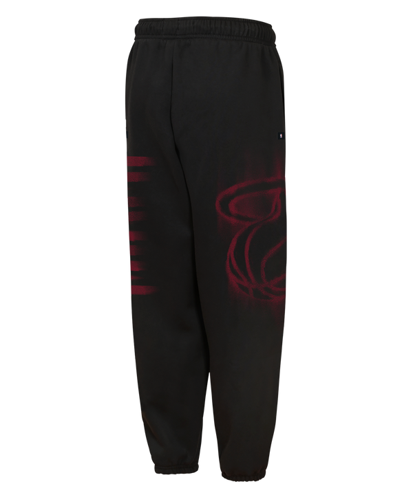 Nike Miami HEAT Wordmark Youth Fleece Pants: standard fit black fleece sweatpants with a drawstring waist and the word MIAMI printed vertically in dark red on the left leg; wash inside out.