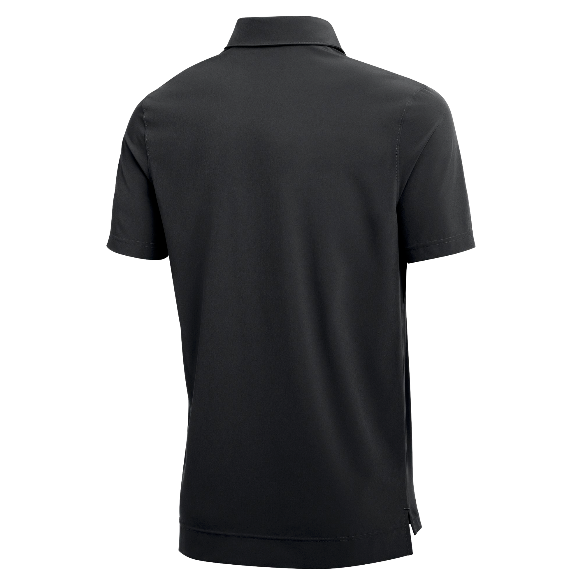 Back view of the Nike Miami HEAT Coaches Polo by Nike, a plain black short-sleeve polo with a collar, made from a soft polyester-spandex blend. Shown on a white background, it has a straight hem and small side slits for comfort.