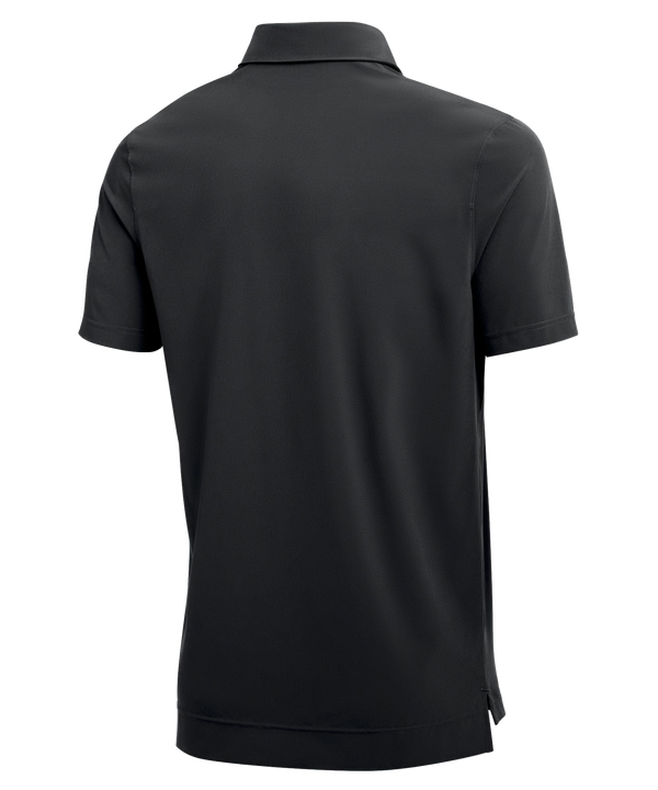 The Nike Miami HEAT Coaches Polo is a black, polyester short-sleeve shirt featuring the Miami Heat logo on the left chest, a red Nike logo on the right chest, and an NBA logo patch on the left sleeve.